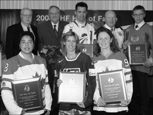 Heaney joining the International Ice Hockey Federation Hall of Fame in 2008, along with now-fellow Hockey Hall of Famers Angela James and Cammi Granato.